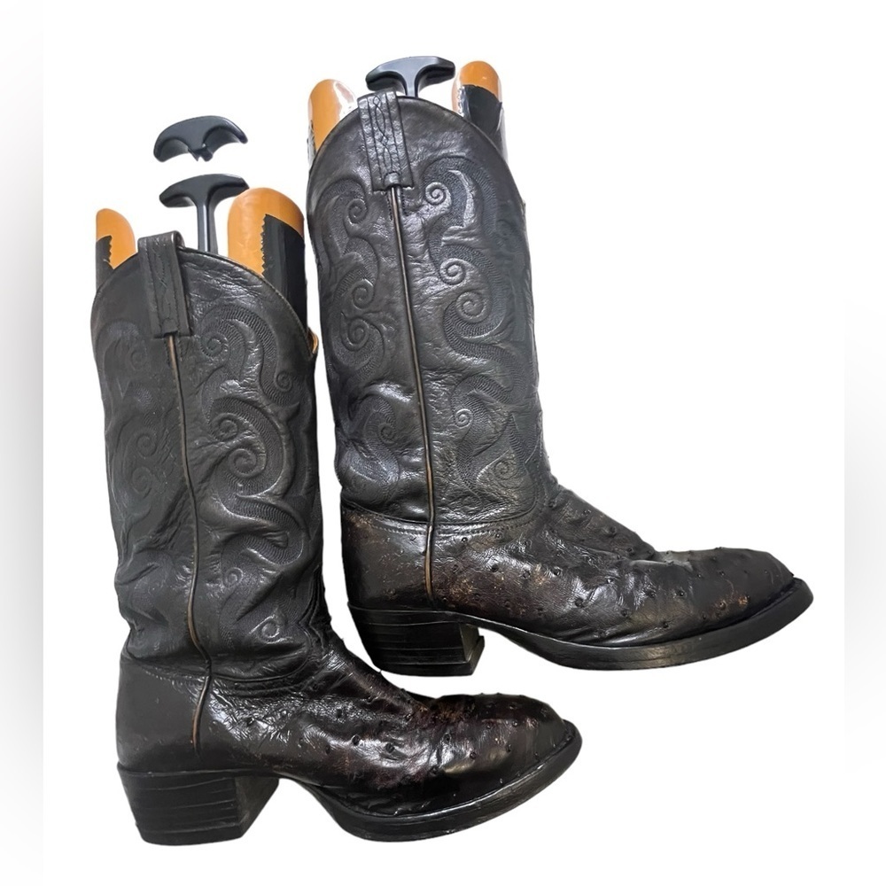 Tony Lama Cowboy Boots 8.5 Mens Black Ostrich Leather Narrow Round Toe